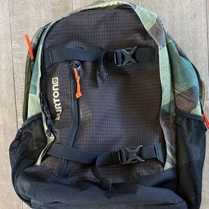 Burton Black and Green Camo Backpack with Orange Zipper Pulls